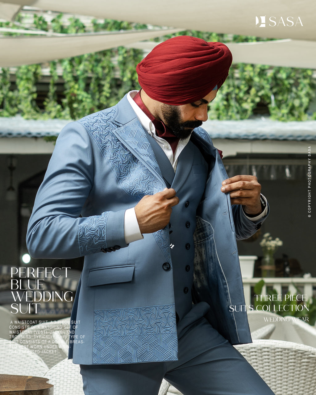 Powder Blue color 3pc Coat Vest Pant
