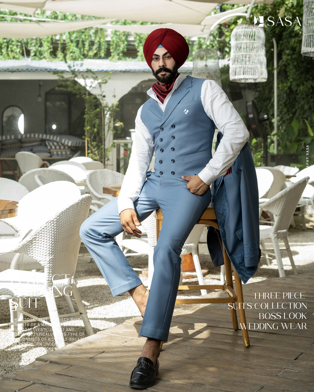 Powder Blue color 3pc Coat Vest Pant