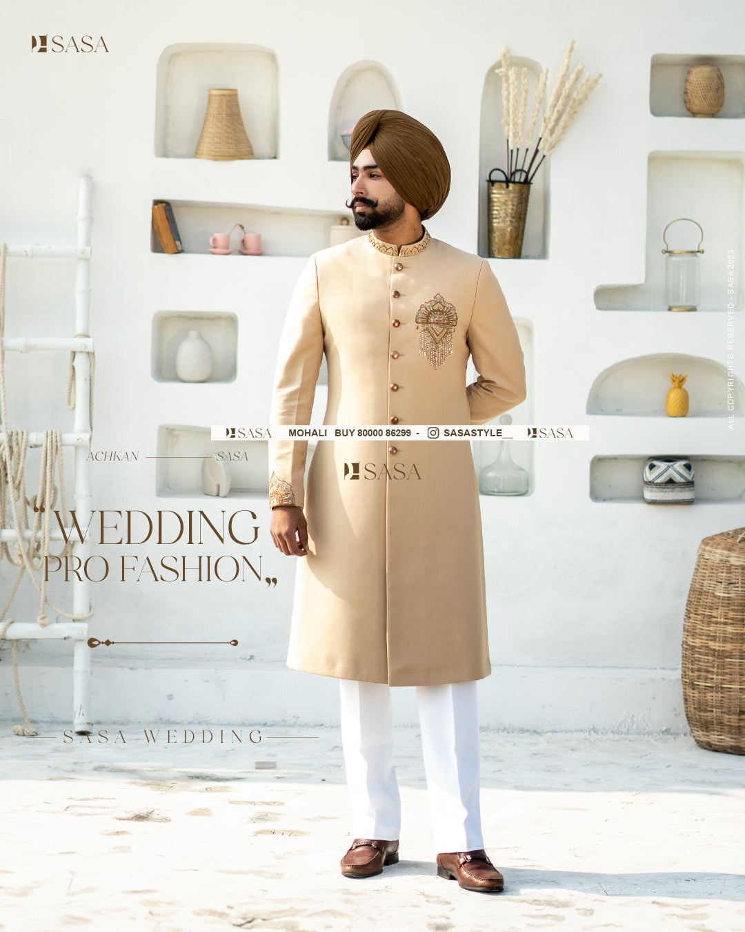 Regal Beige Achkan with Embroidered Elegance