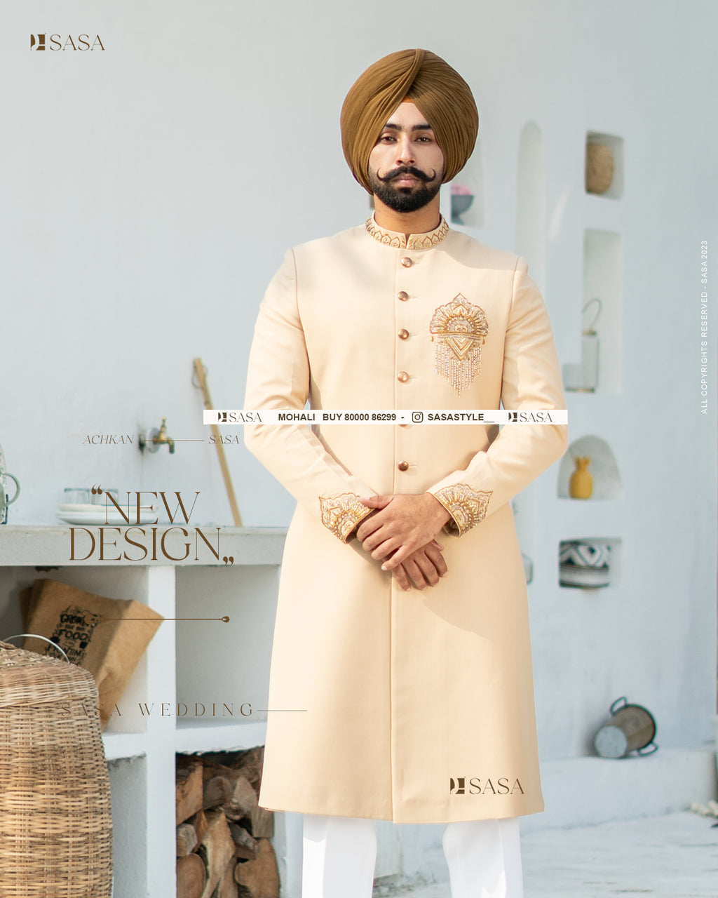 Regal Beige Achkan with Embroidered Elegance