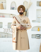 Regal Beige Achkan with Embroidered Elegance