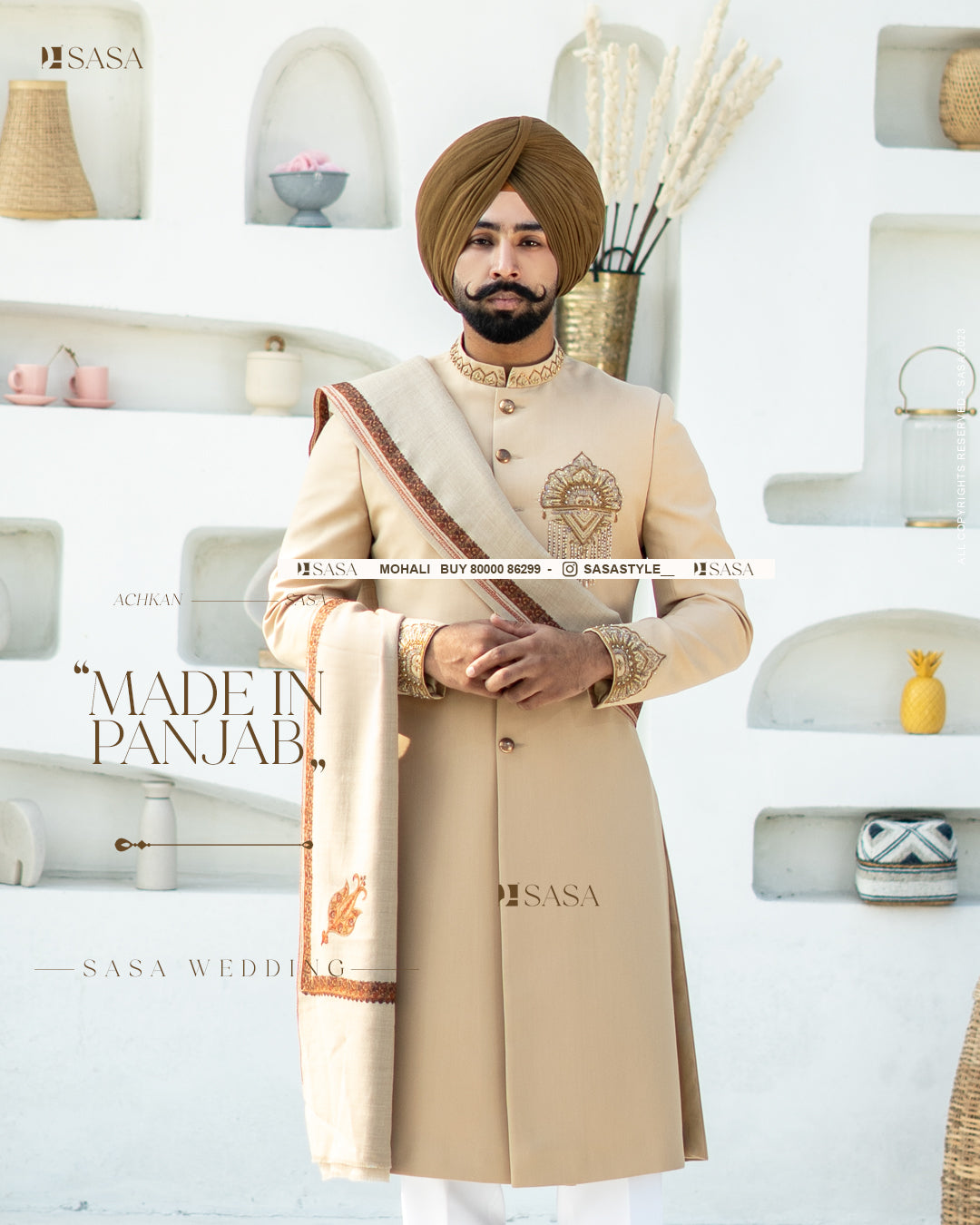 Regal Beige Achkan with Embroidered Elegance