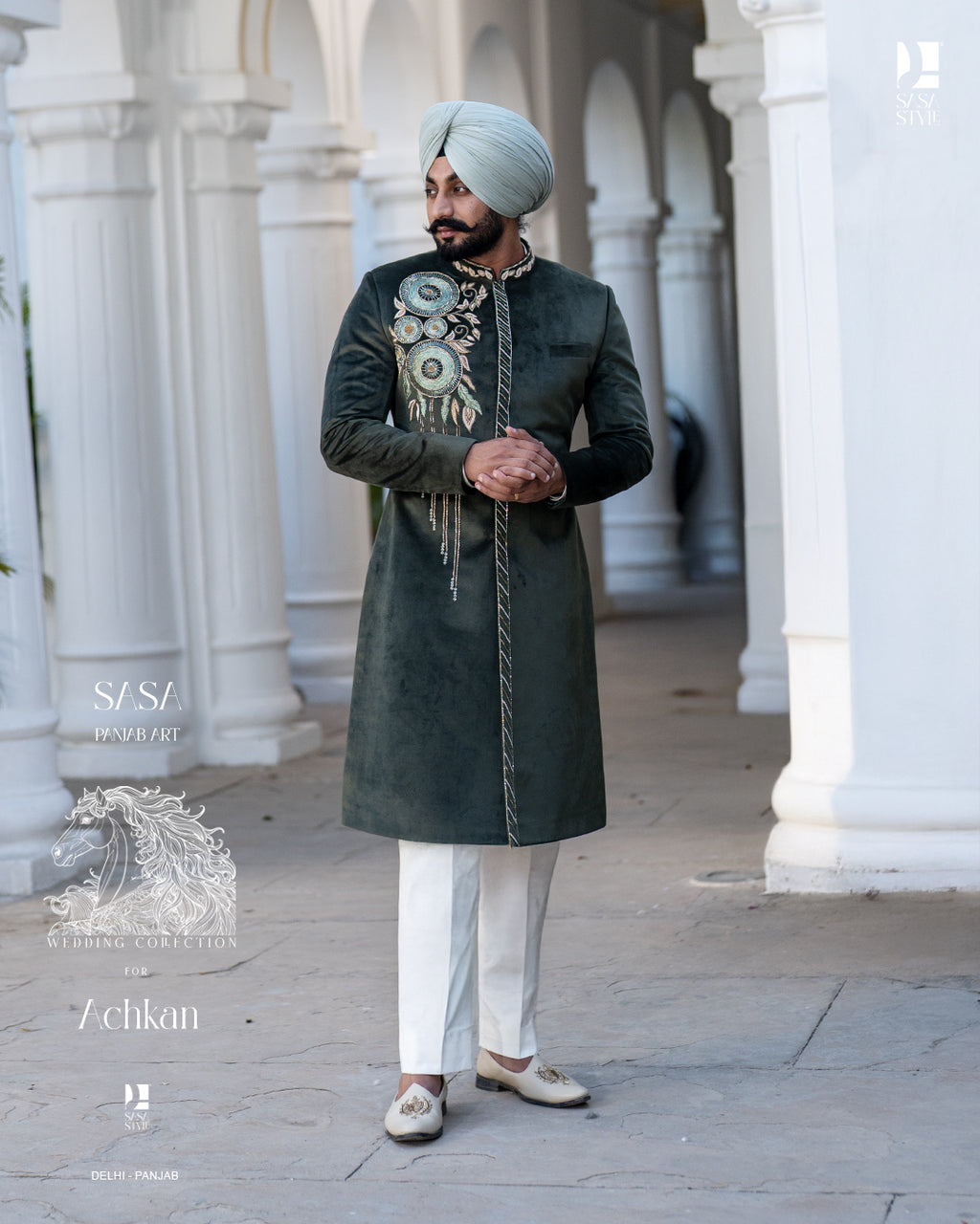 Regal Bottle Green Achkan with Handcrafted Royal Wedding Detailing
