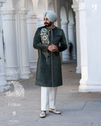 Regal Bottle Green Achkan with Handcrafted Royal Wedding Detailing