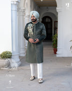 Regal Bottle Green Achkan with Handcrafted Royal Wedding Detailing