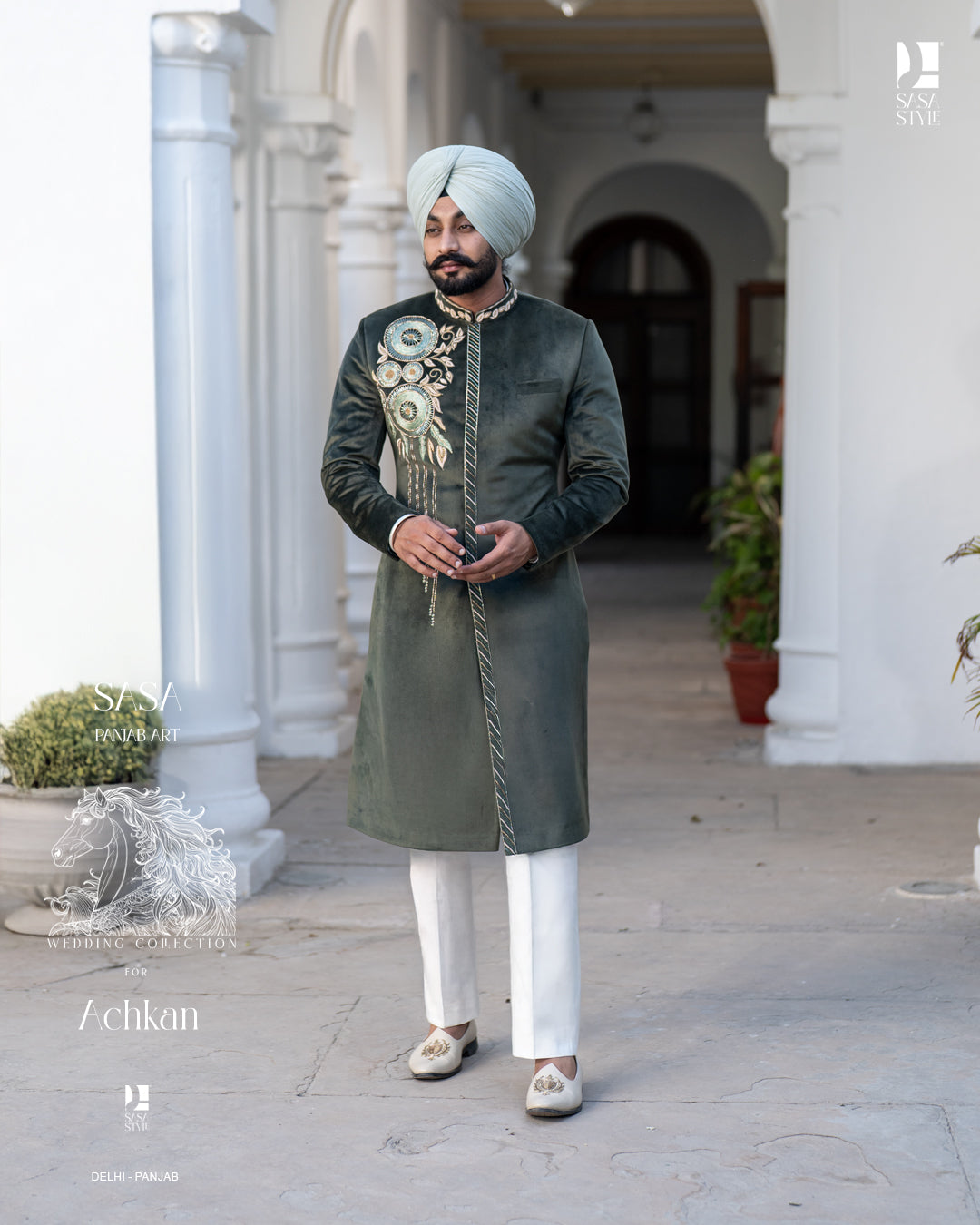 Regal Bottle Green Achkan with Handcrafted Royal Wedding Detailing