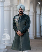 Regal Bottle Green Achkan with Handcrafted Royal Wedding Detailing