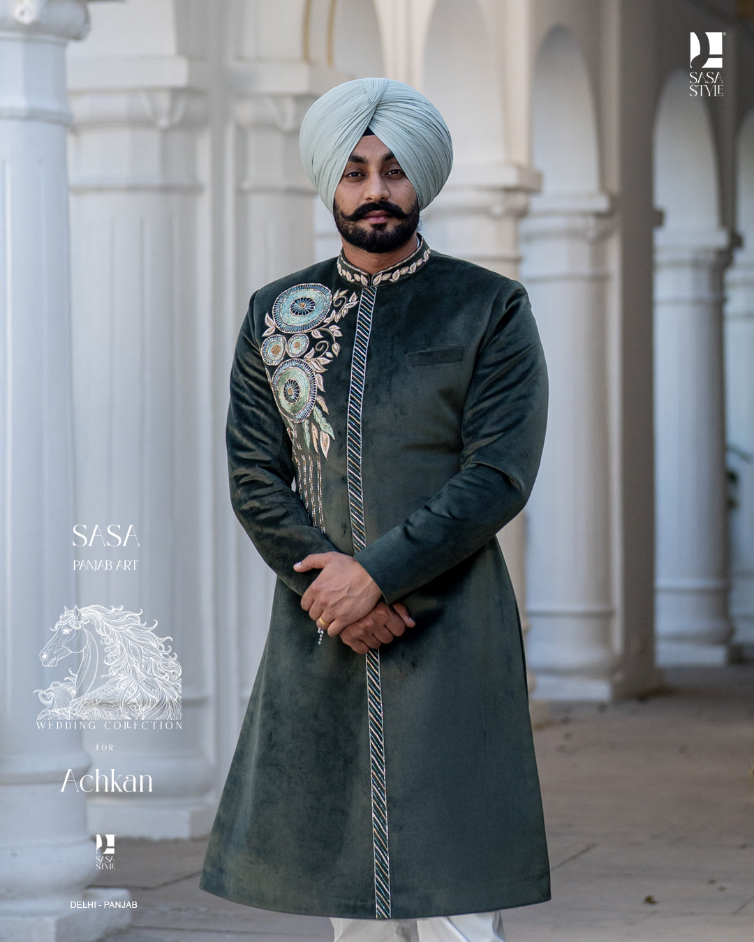 Regal Bottle Green Achkan with Handcrafted Royal Wedding Detailing