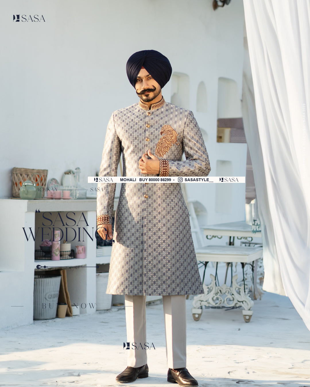 Regal Elegance: Hand-Embroidered Achkan with Pants
