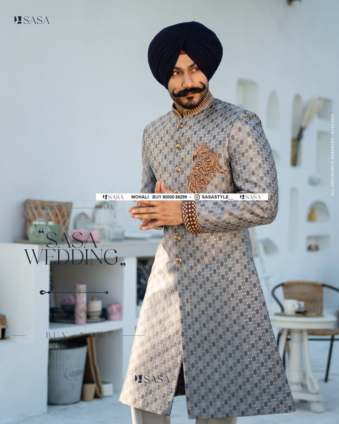 Regal Elegance: Hand-Embroidered Achkan with Pants