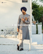 Regal Elegance: Hand-Embroidered Achkan with Pants
