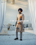 Regal Elegance: Hand-Embroidered Achkan with Pants