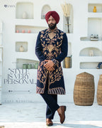 Regal Navy Blue Hand-Embroidered Achkan with Pant