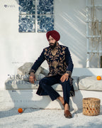 Regal Navy Blue Hand-Embroidered Achkan with Pant