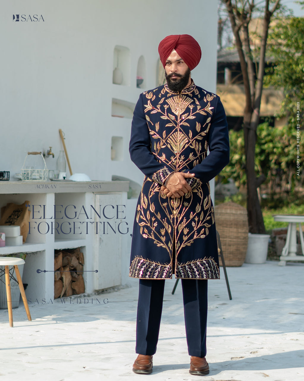 Regal Navy Blue Hand-Embroidered Achkan with Pant