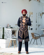 Regal Navy Blue Hand-Embroidered Achkan with Pant