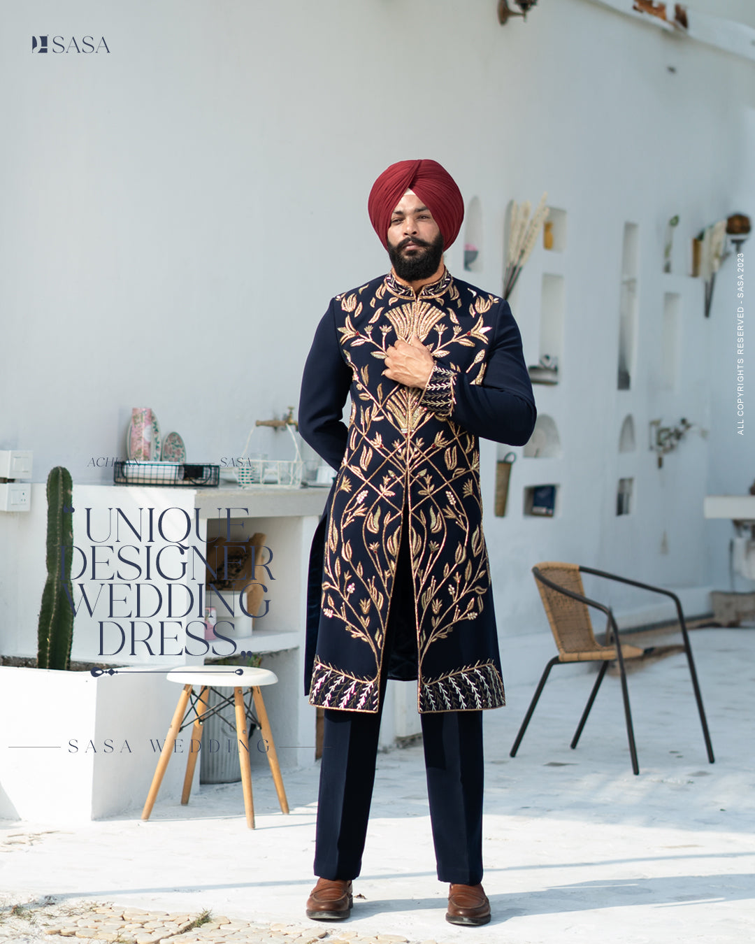 Regal Navy Blue Hand-Embroidered Achkan with Pant