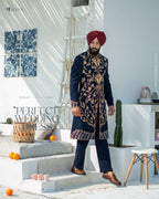 Regal Navy Blue Hand-Embroidered Achkan with Pant