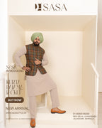 Rust Check Jacket with Light Beige Kurta Pajama