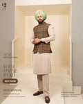 Rust Check Jacket with Light Beige Kurta Pajama