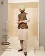 Rust Check Jacket with Light Beige Kurta Pajama