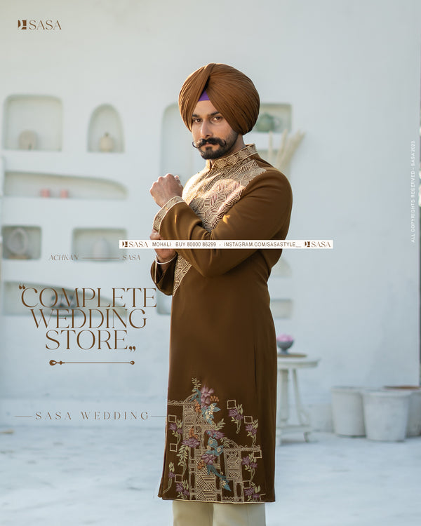 Serene Sand Embroidered Achkan with Pant