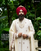 Off-White Heritage Sherwani with Artistic Palla and Red Turban