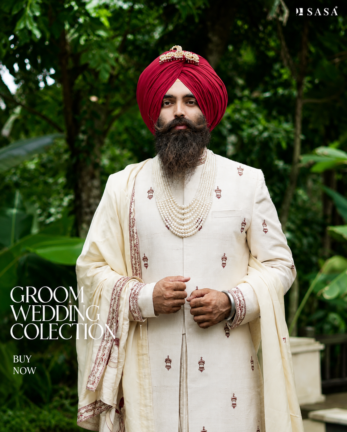 Off-White Heritage Sherwani with Artistic Palla and Red Turban