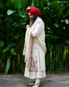 Off-White Heritage Sherwani with Artistic Palla and Red Turban