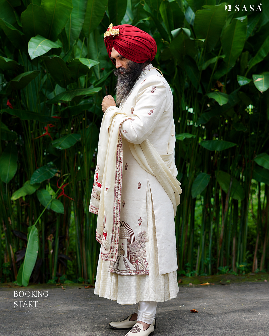 Off-White Heritage Sherwani with Artistic Palla and Red Turban