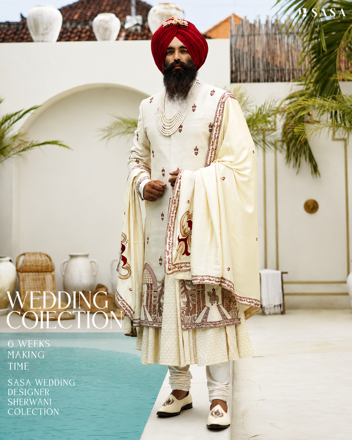 Off-White Heritage Sherwani with Artistic Palla and Red Turban