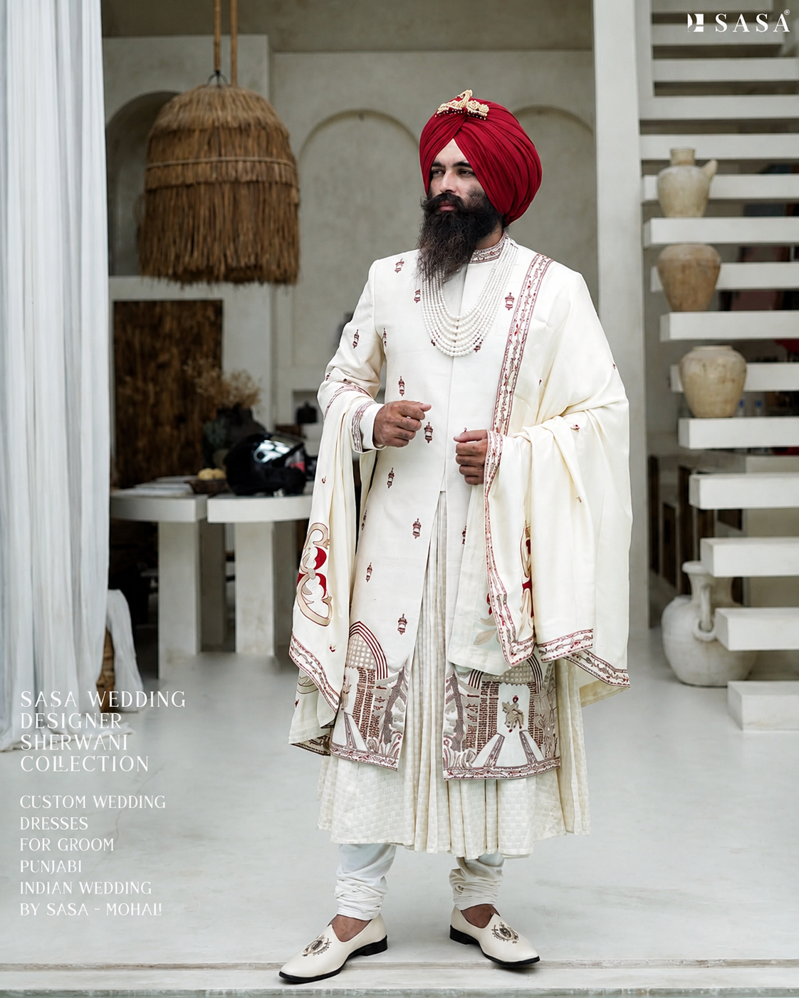 Off-White Heritage Sherwani with Artistic Palla and Red Turban