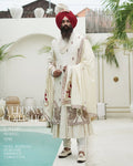 Off-White Heritage Sherwani with Artistic Palla and Red Turban