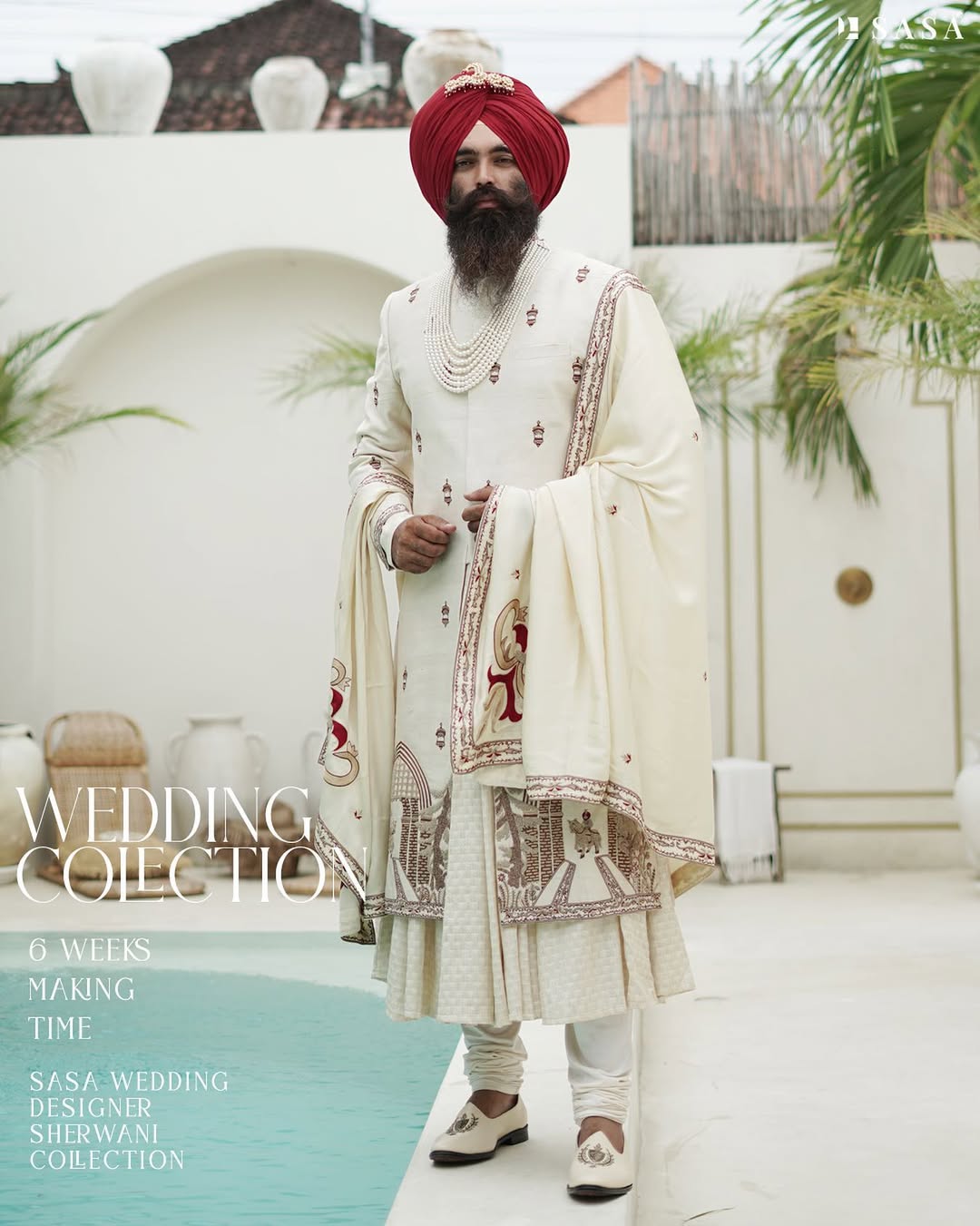 Off-White Heritage Sherwani with Artistic Palla and Red Turban