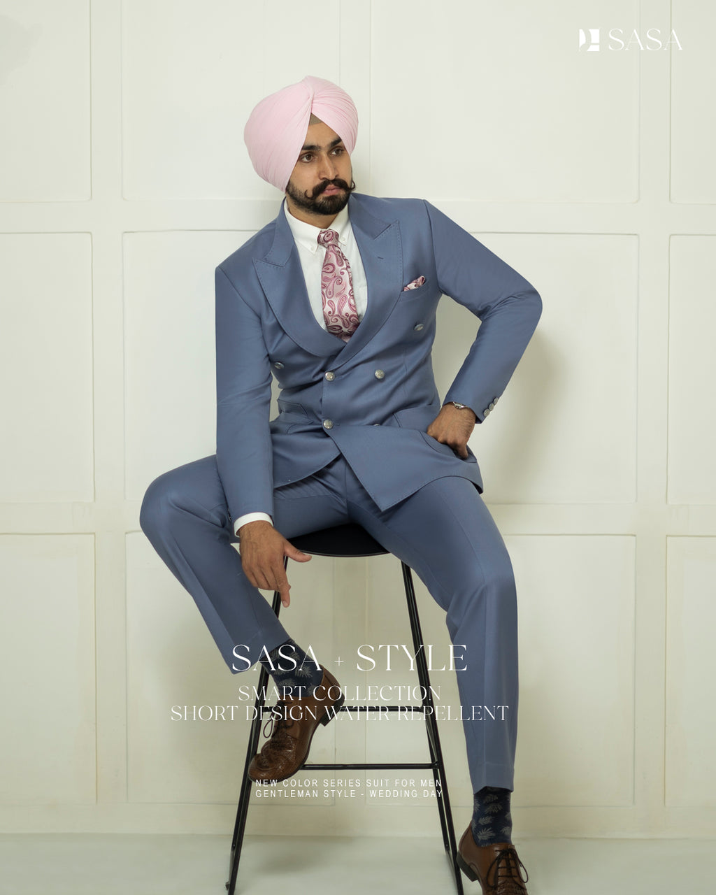 Sky Blue Double-Breasted 2pc Coat Pant