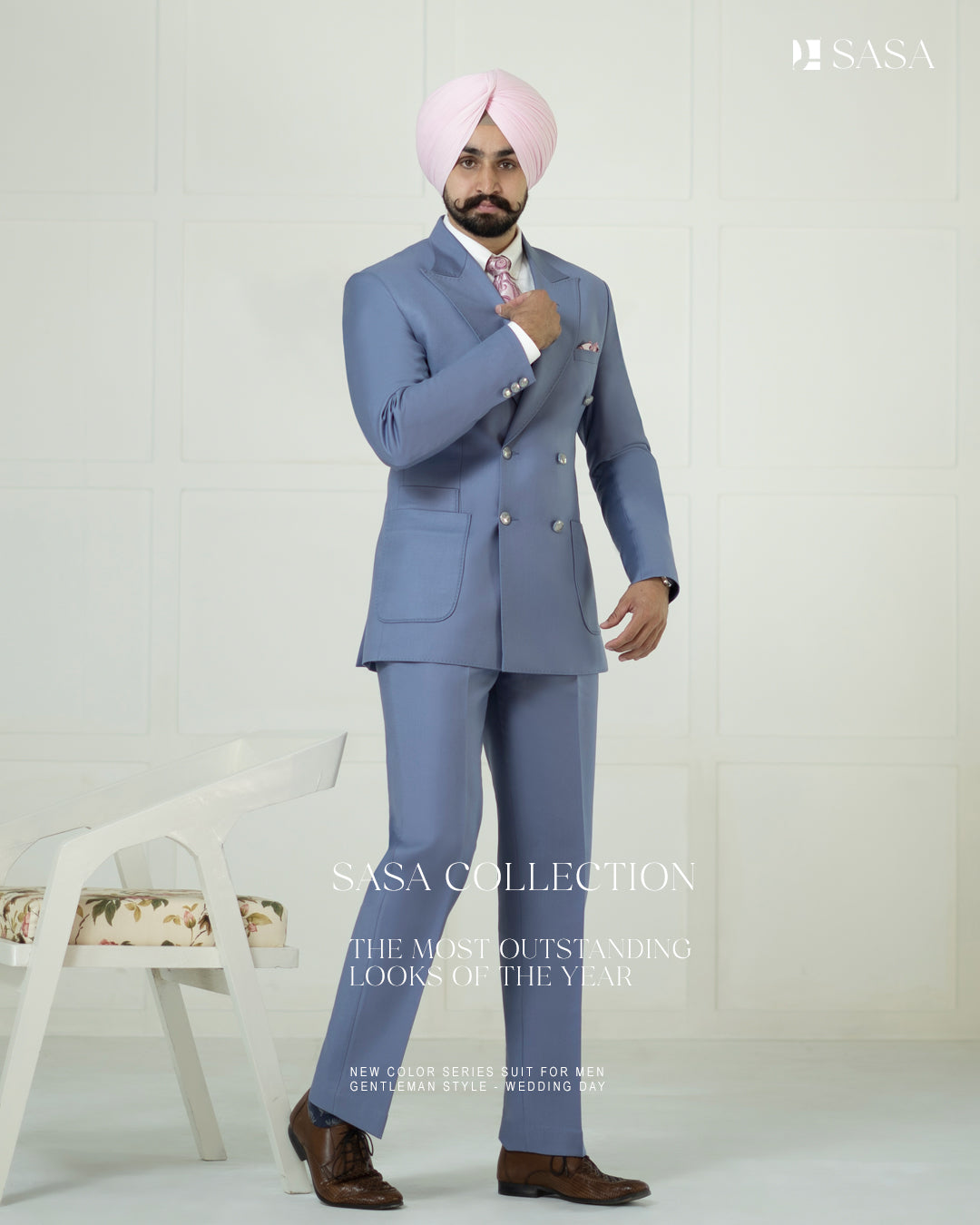 Sky Blue Double-Breasted 2pc Coat Pant