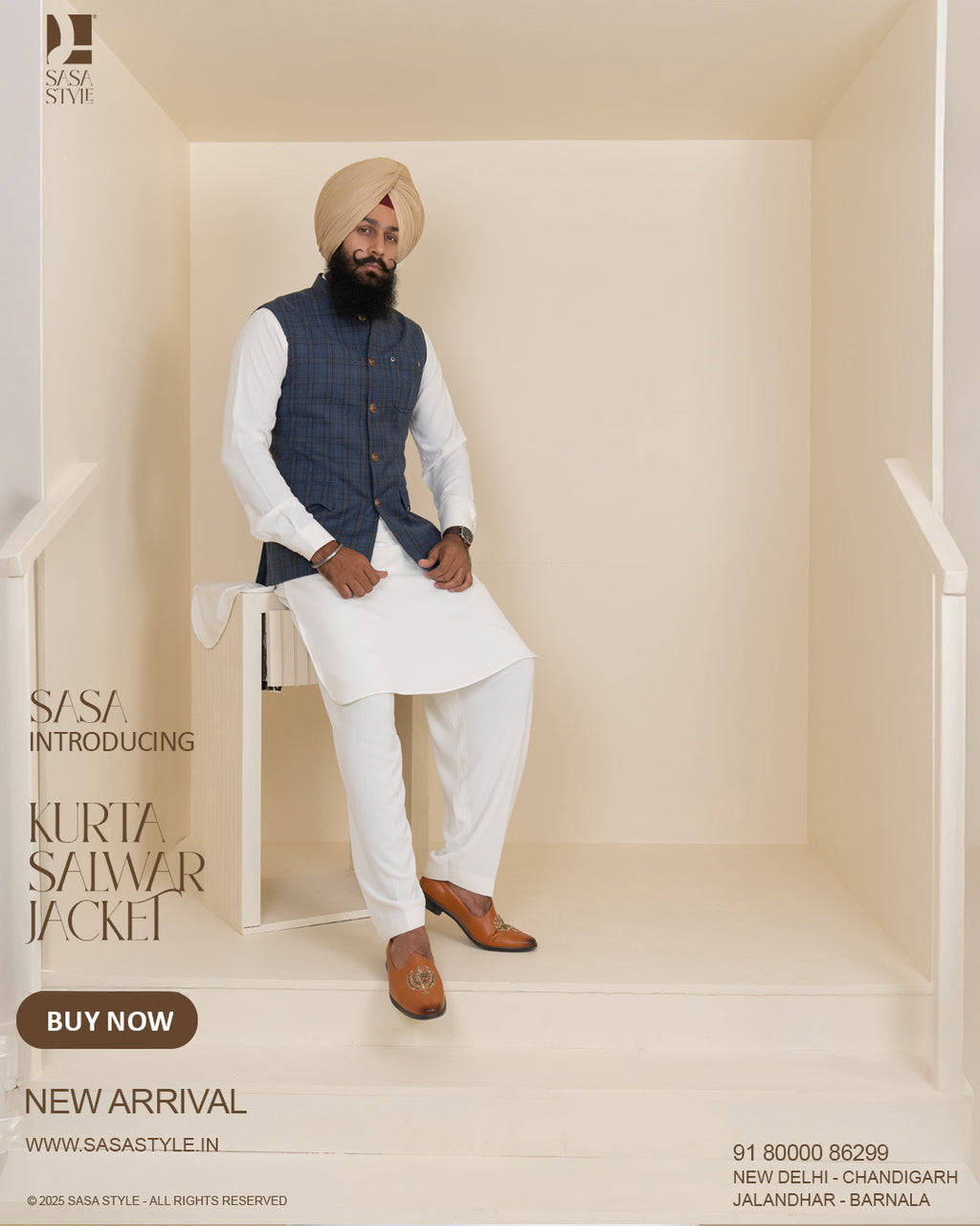 Slate Blue Glen Plaid Jacket with Pure White Kurta Pajama
