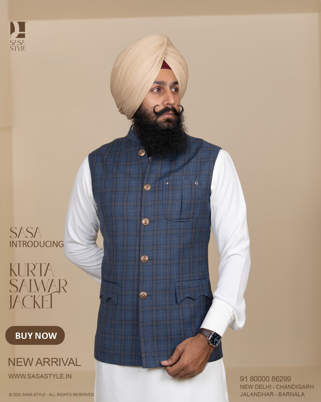 Slate Blue Glen Plaid Jacket with Pure White Kurta Pajama