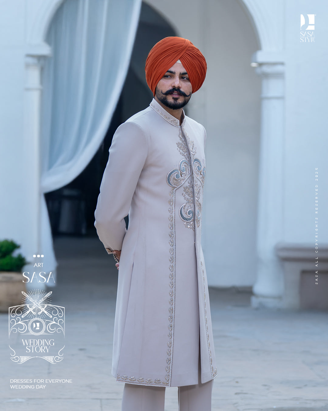 Soft Tan Achkan with Majestic Embroidery for Graceful Grooms