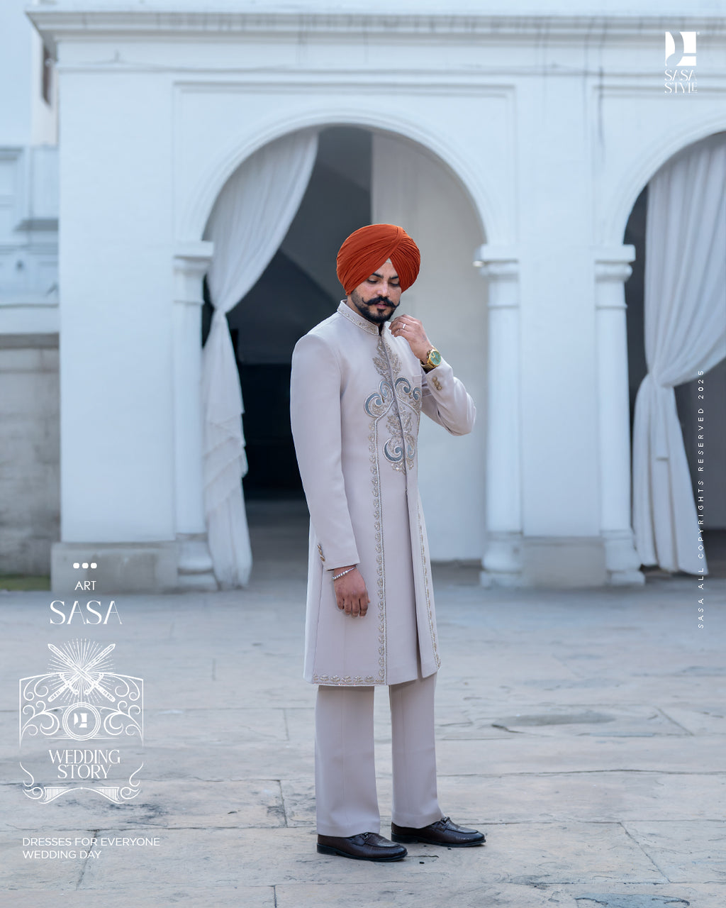 Soft Tan Achkan with Majestic Embroidery for Graceful Grooms