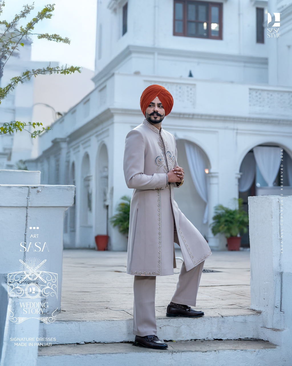 Soft Tan Achkan with Majestic Embroidery for Graceful Grooms