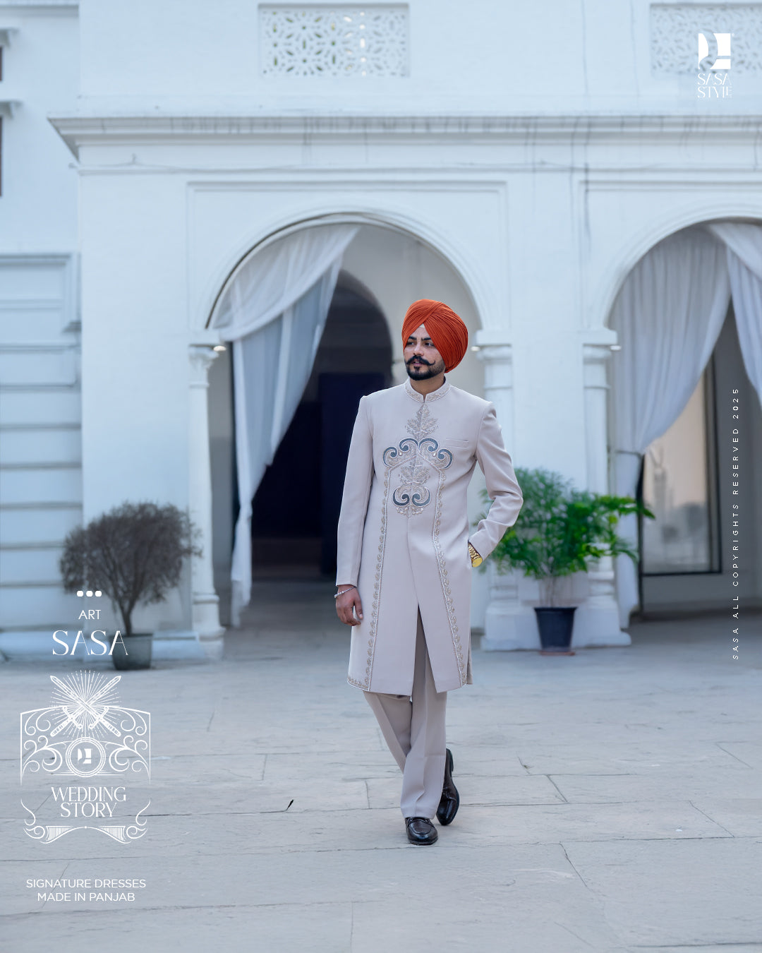 Soft Tan Achkan with Majestic Embroidery for Graceful Grooms