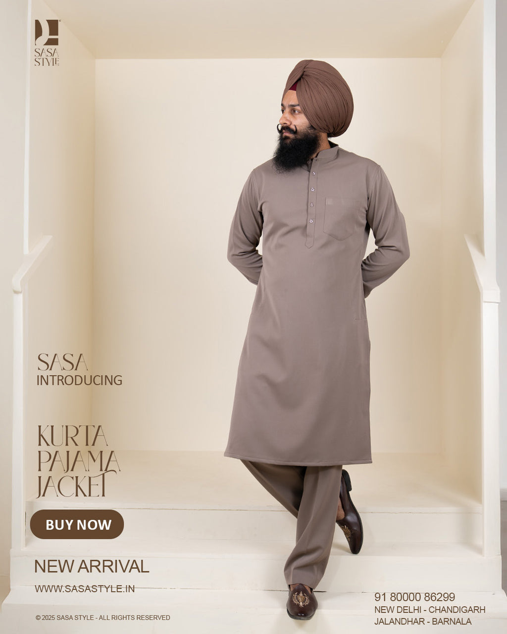 Taupe Herringbone Jacket with Light Taupe Brown Kurta Pajama