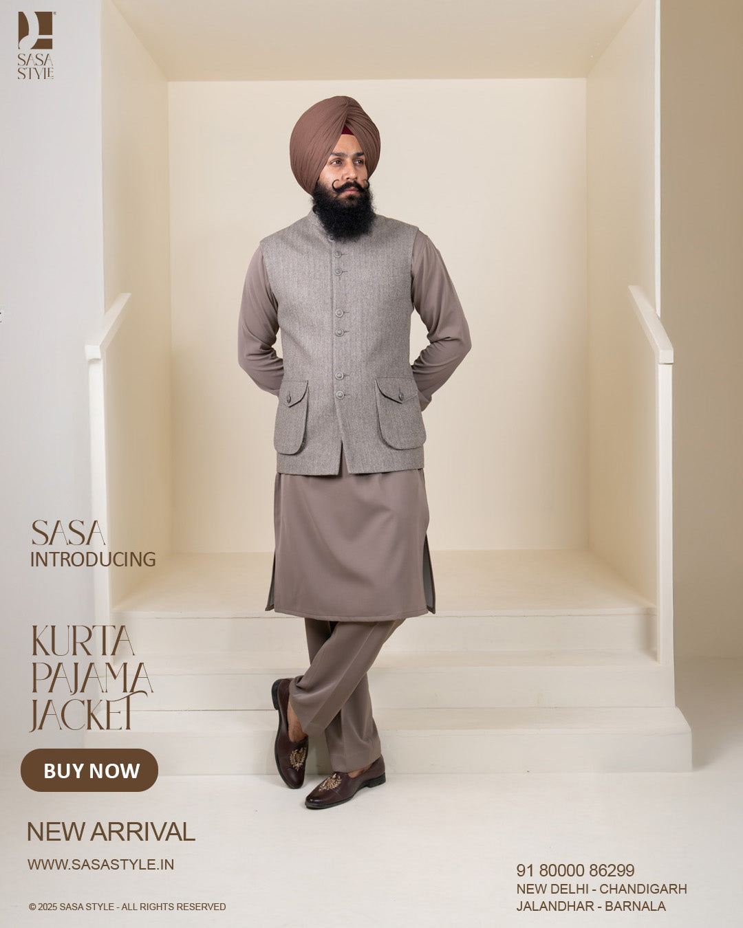 Taupe Herringbone Jacket with Light Taupe Brown Kurta Pajama