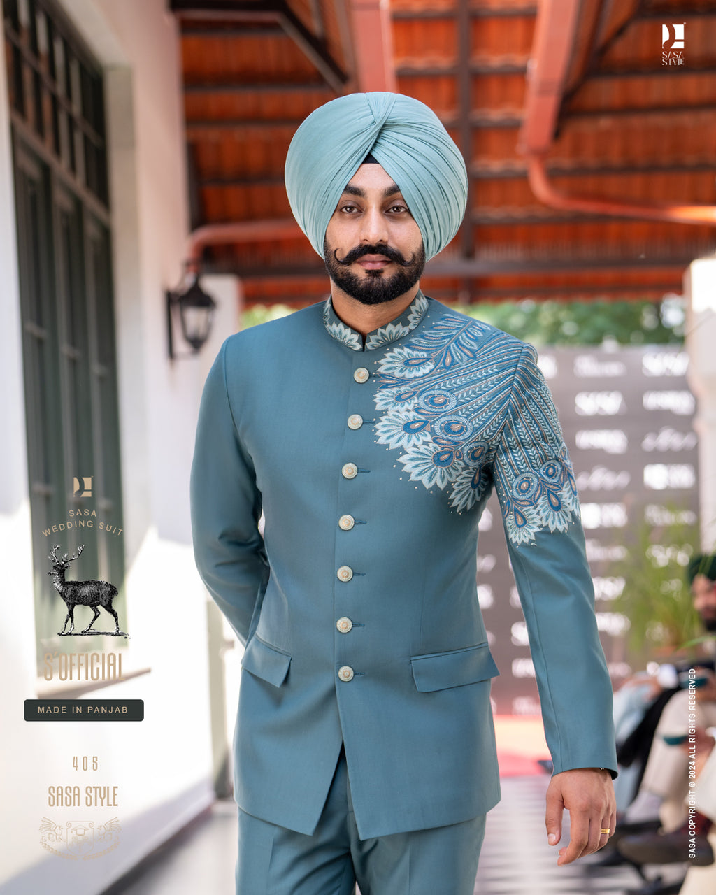 Teal Blue Embroidered 2 Piece Band Gala Coat Pant