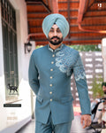 Teal Blue Embroidered 2 Piece Band Gala Coat Pant