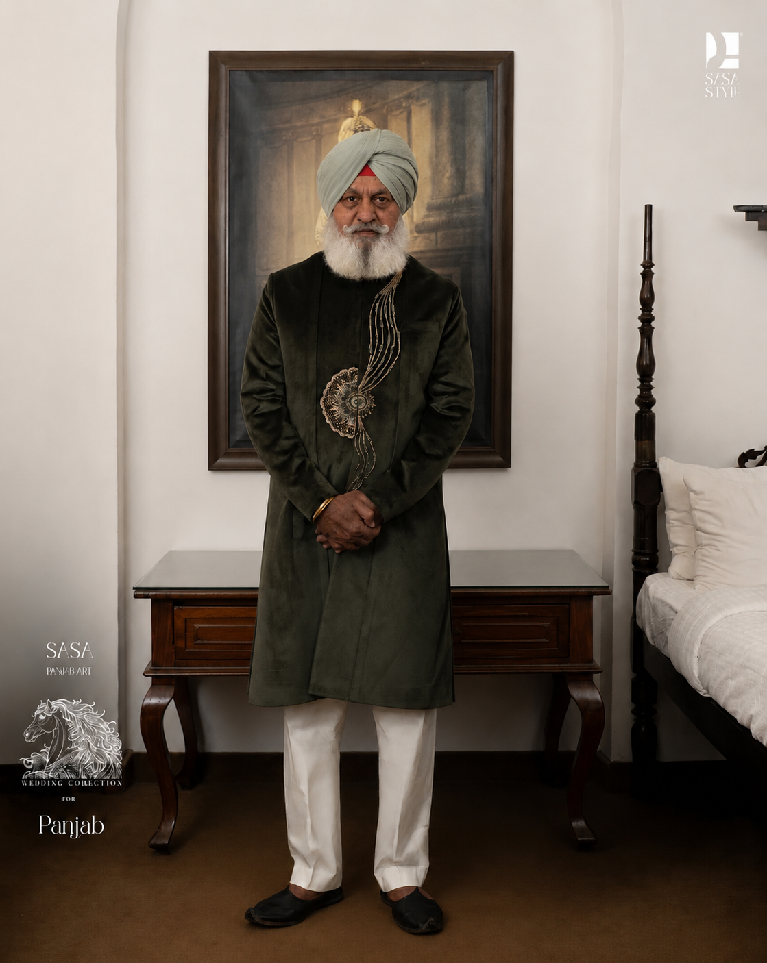 A regal bottle green achkan crafted with finesse, featuring intricate detailing