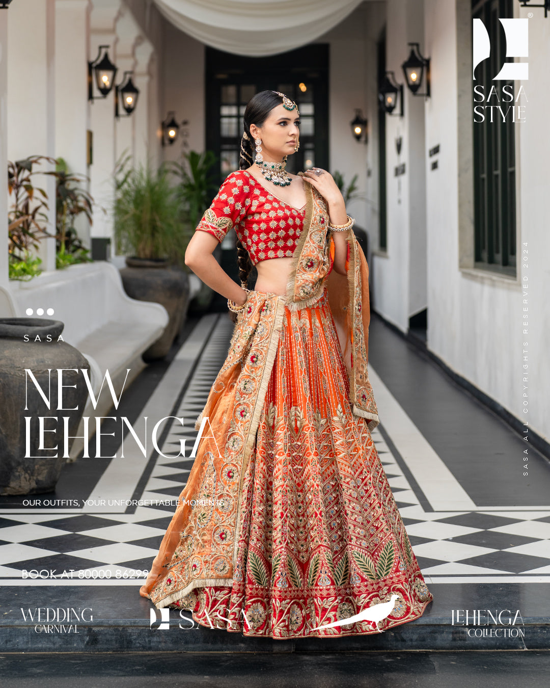 Vermilion Orange Embroidered Lehenga