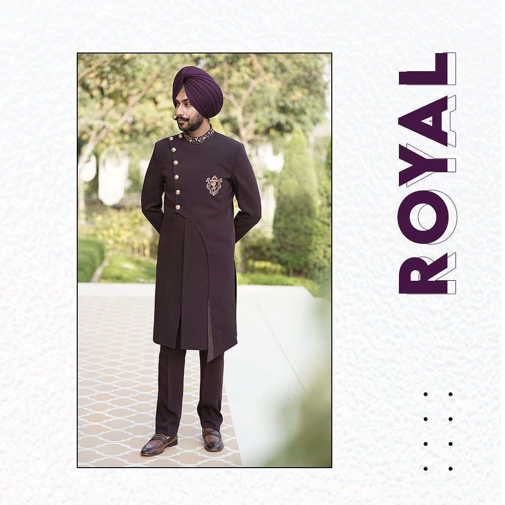Royal Plum Designer Achkan with Contemporary Heritage Wedding Style