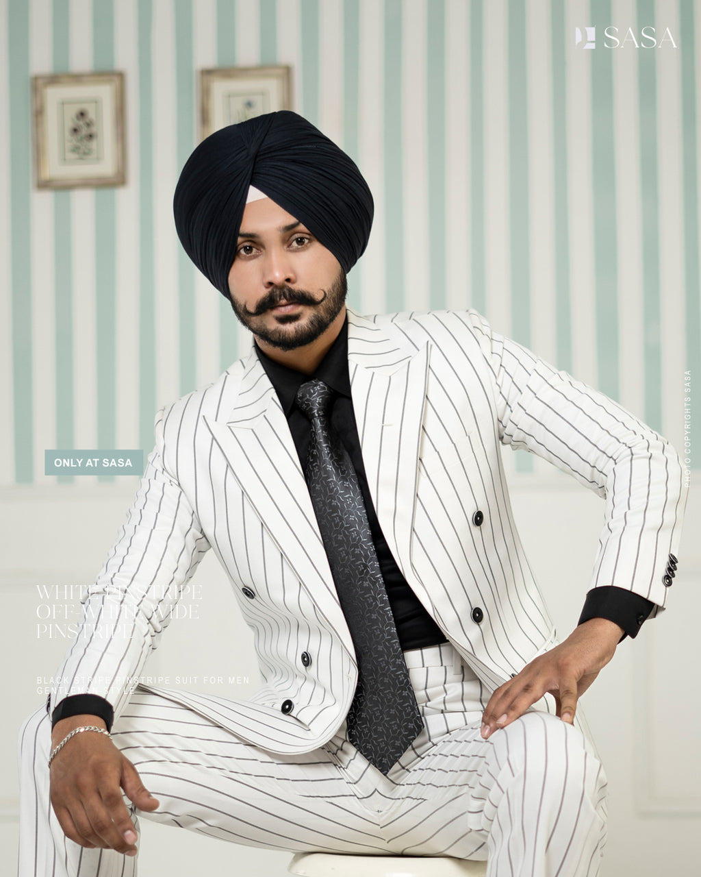 White Double-Breasted Suit with Black Strips